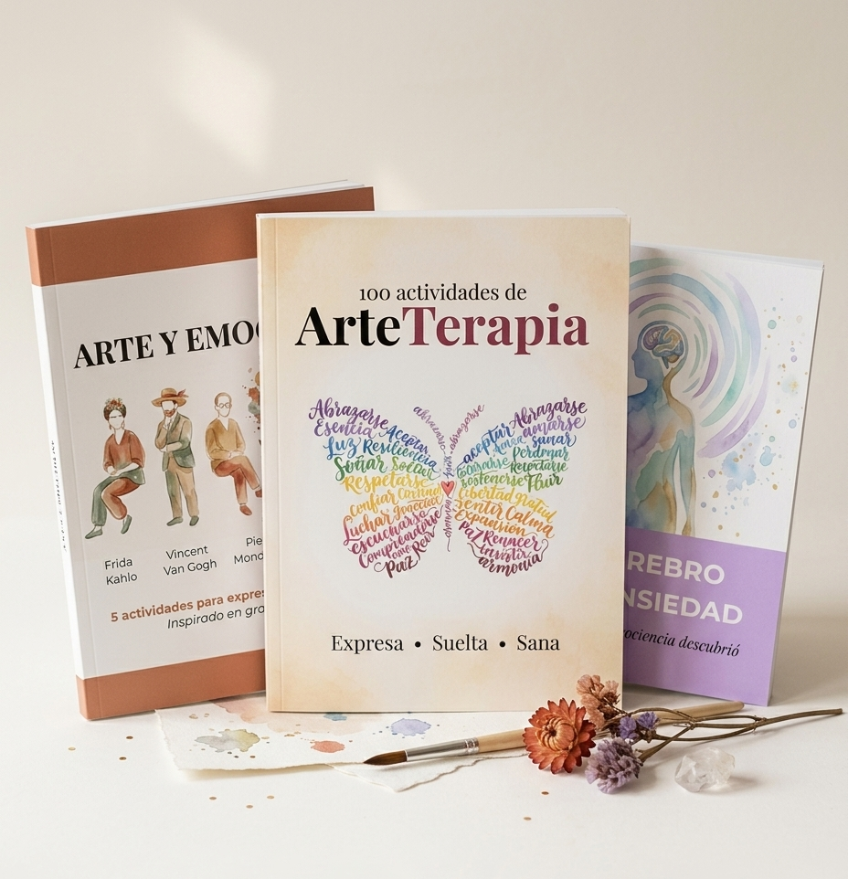 Los 3 productos: 100 actividades de ArteTerapia, Arte y Emociones, Tu cerebro y la ansiedad