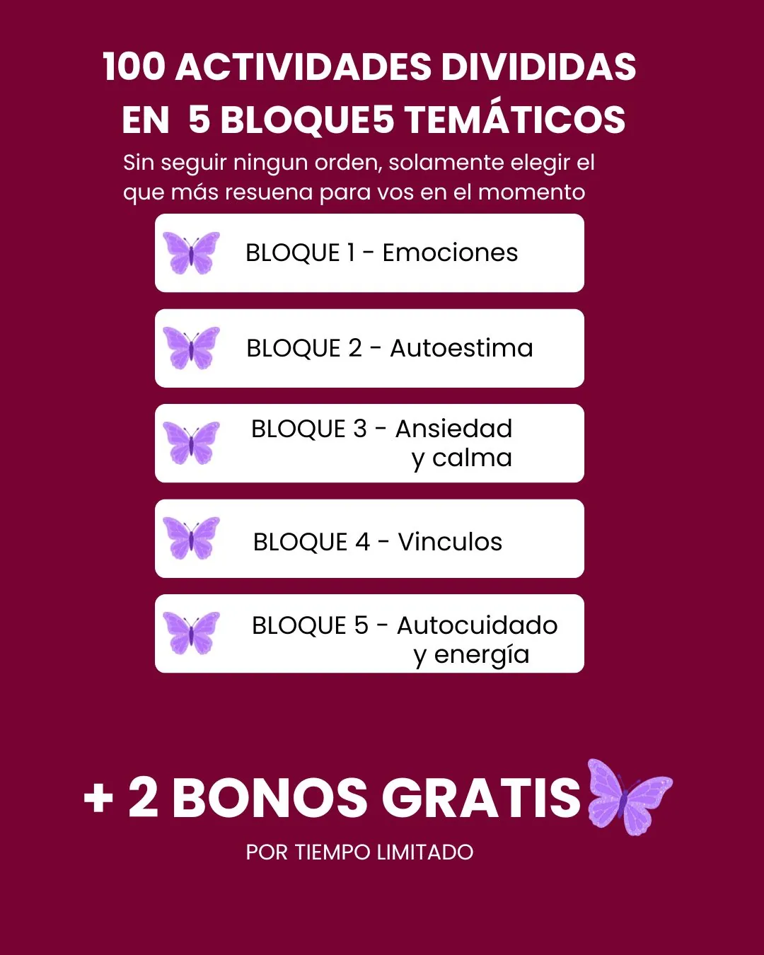 100 actividades divididas en 5 bloques temáticos + 2 bonos gratis