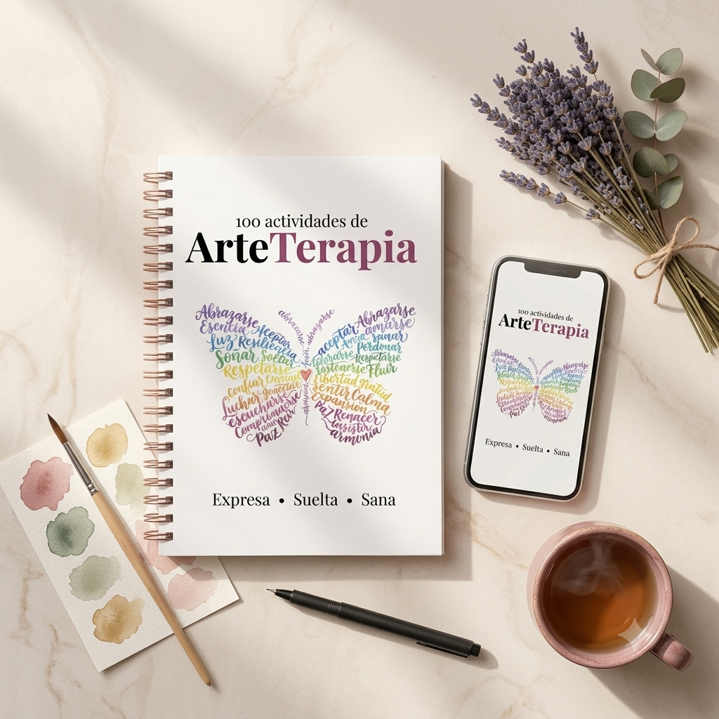 Cuaderno y celular con 100 actividades de ArteTerapia — Expresa, Suelta, Sana