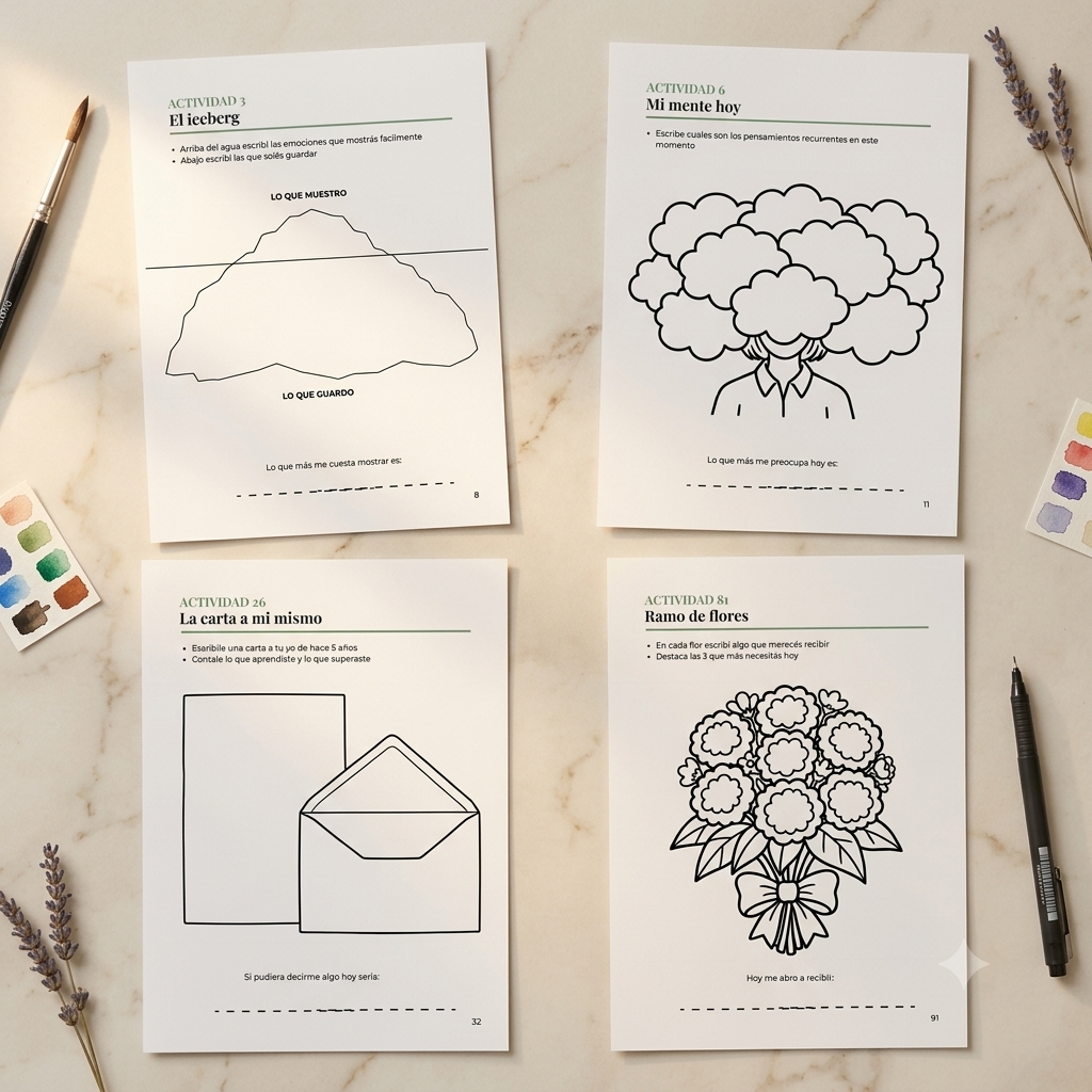 Ejemplos de actividades: El iceberg, Mi mente hoy, La carta a mi mismo, Ramo de flores